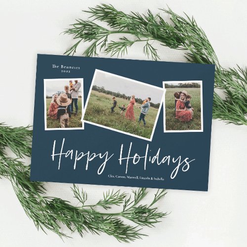 Simple Script Happy Holidays 3 Photo Collage Holiday Card
