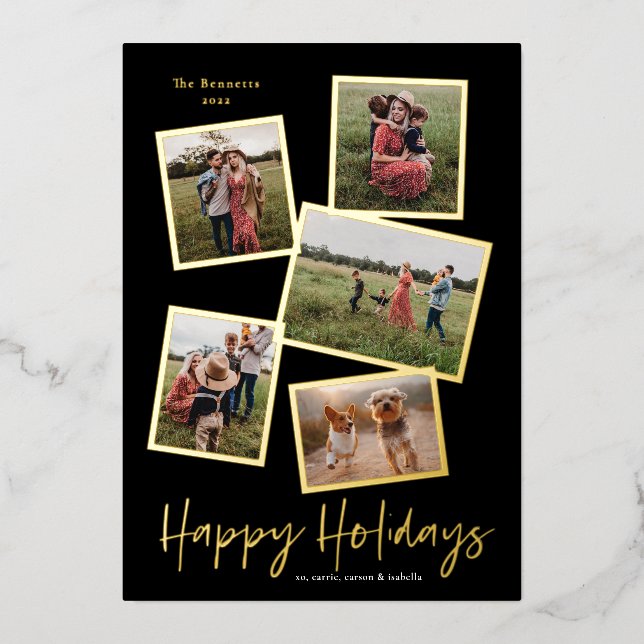 Simple Script Happy Holidays 5 Photo Collage Foil Holiday Card (Front)