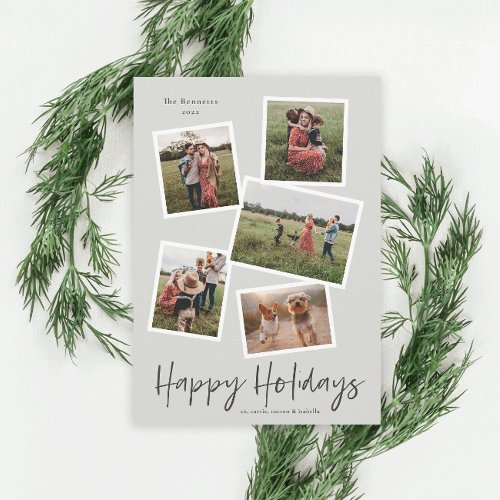 Simple Script Happy Holidays 5 Photo Collage Holiday Card