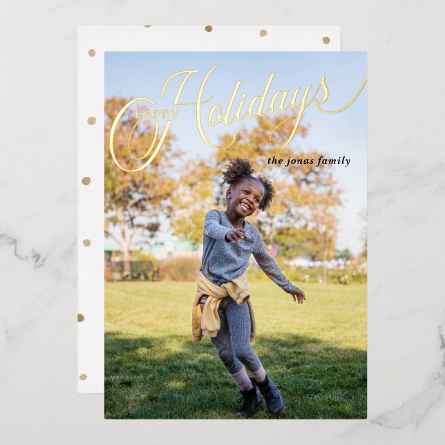 Simple Script Happy Holidays Full Photo Foil Holiday Card (Front/Back)