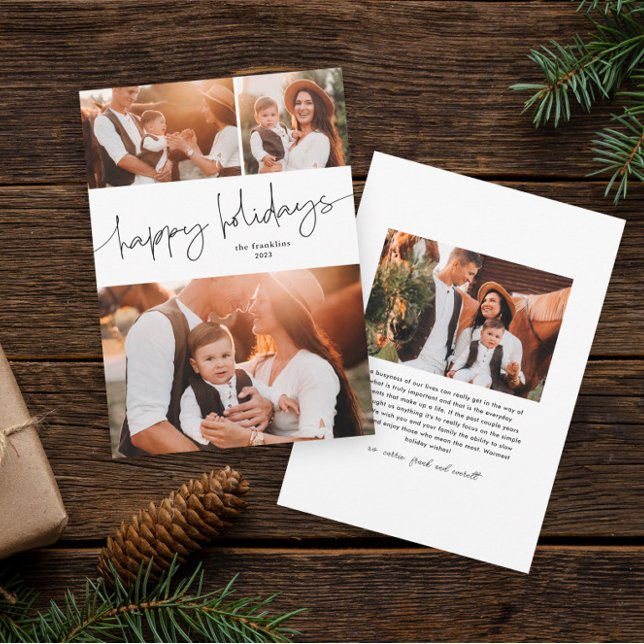 Simple script happy holidays photo collage holiday card (Modern script happy holidays simple photo collage holiday card.)