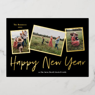 Simple Script Happy New Year 3 Photo Collage Foil Holiday Card