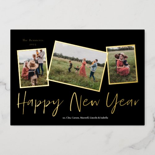 Simple Script Happy New Year 3 Photo Collage Foil Holiday Card