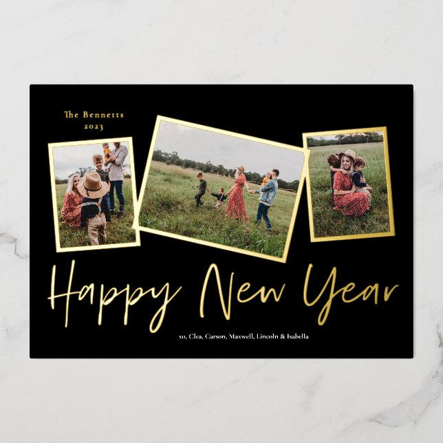 Simple Script Happy New Year 3 Photo Collage Foil Holiday Card (Front)