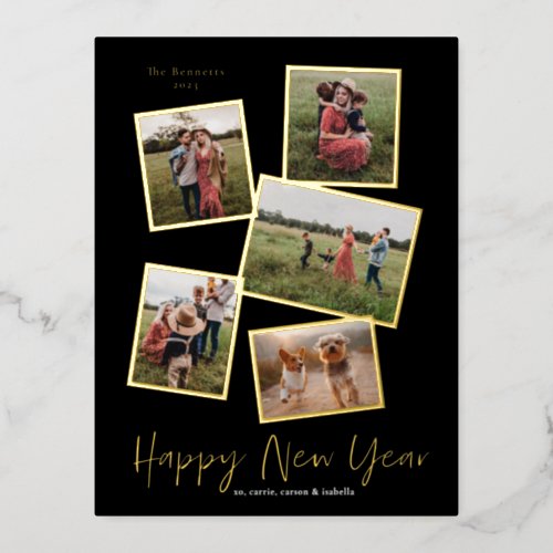 Simple Script Happy New Year 3 Photo Collage Gold Foil Holiday Postcard
