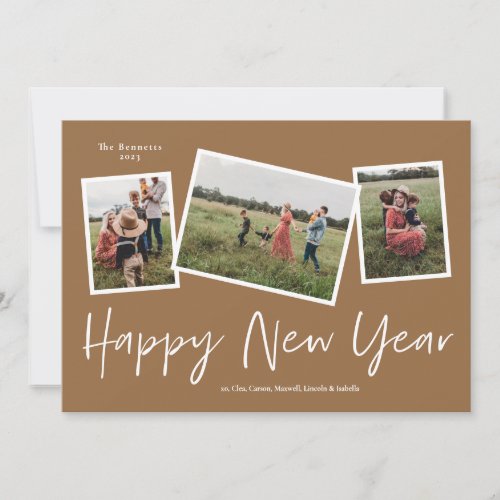 Simple Script Happy New Year 3 Photo Collage Holiday Card