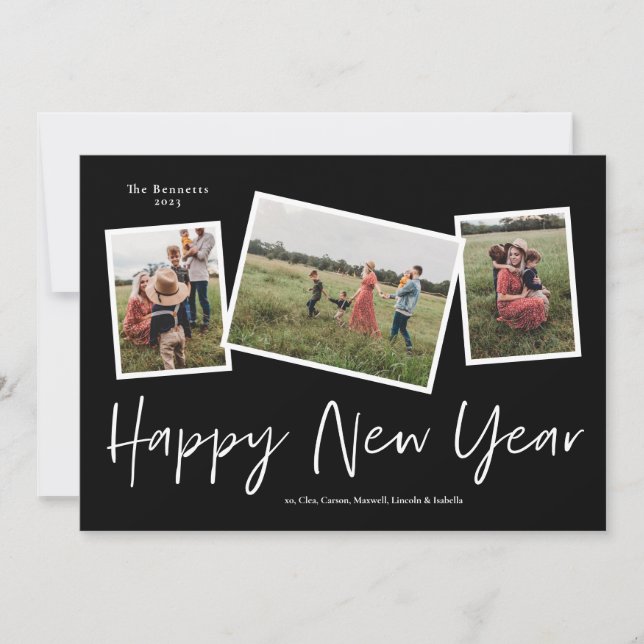 Simple Script Happy New Year 3 Photo Collage Holiday Card (Front)