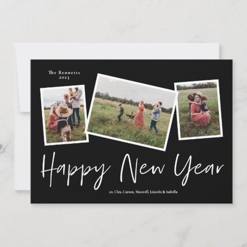Simple Script Happy New Year 3 Photo Collage Holiday Card