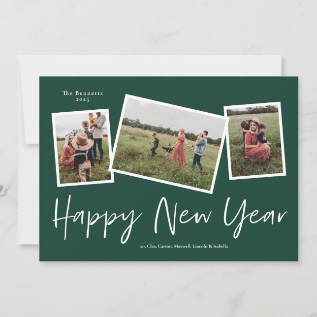 Simple Script Happy New Year 3 Photo Collage Holiday Card (Front)