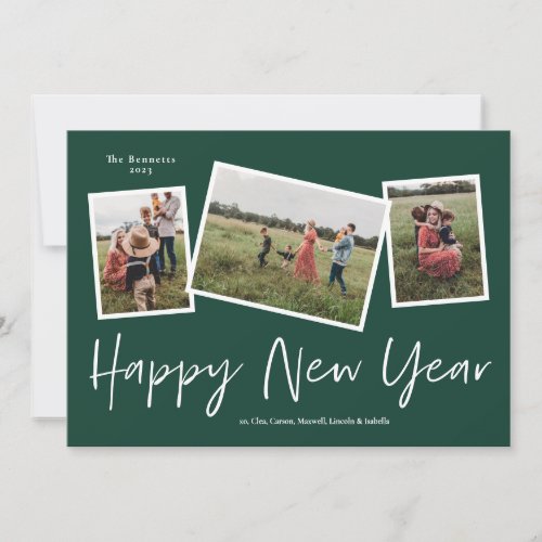 Simple Script Happy New Year 3 Photo Collage Holiday Card