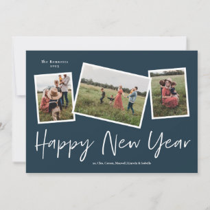 Simple Script Happy New Year 3 Photo Collage Holiday Card