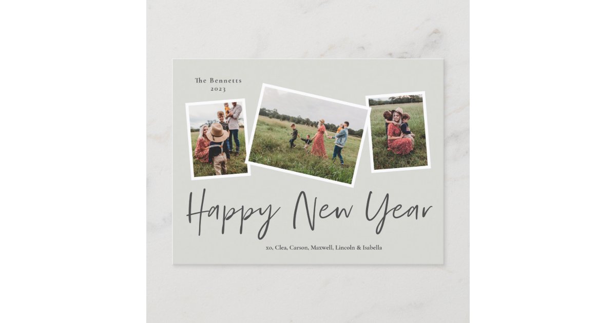 Simple Script Happy New Year 3 Photo Collage Holiday Postcard | Zazzle