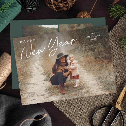 Simple Script Happy New Year 3 Photo  Holiday Card