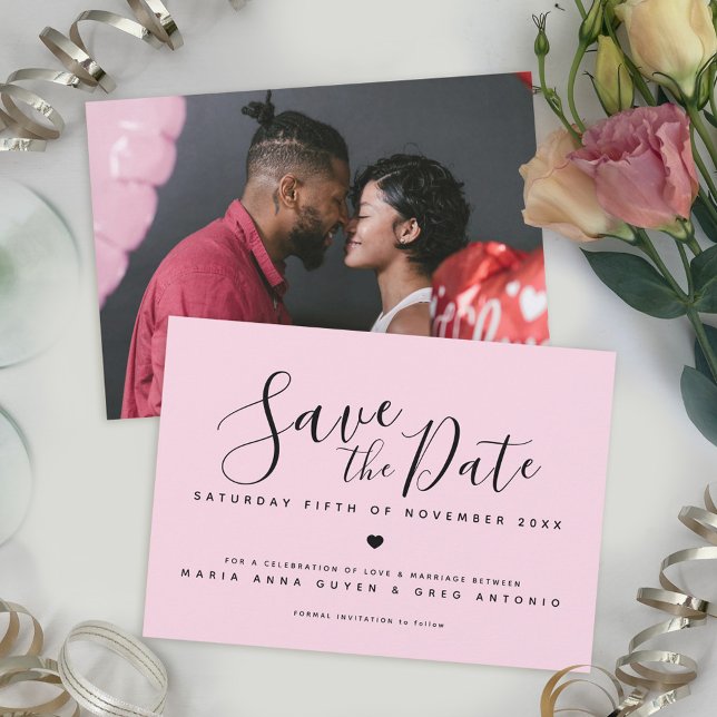 Simple script heart black on pink photo wedding save the date (Creator Uploaded)