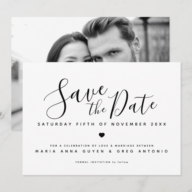 Simple script heart black on white photo wedding save the date (Front/Back)