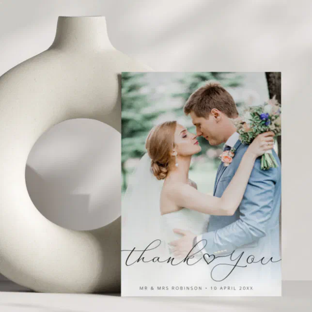 simple script heart wedding photo thank you card | Zazzle