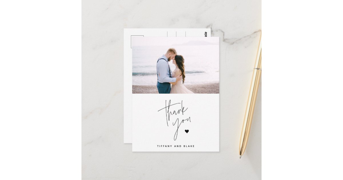 Simple Script Heart Wedding Thank You Photo Postcard | Zazzle