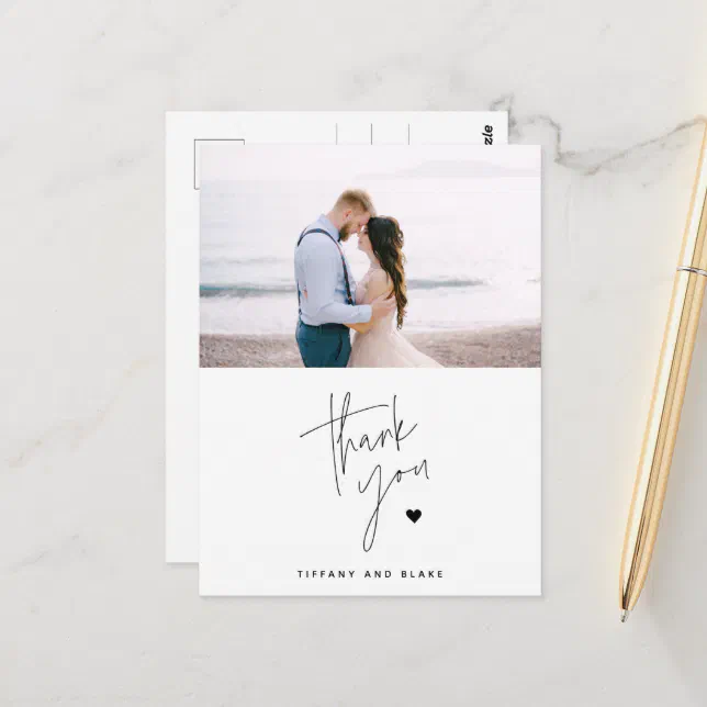 Simple Script Heart Wedding Thank You Photo Postcard | Zazzle