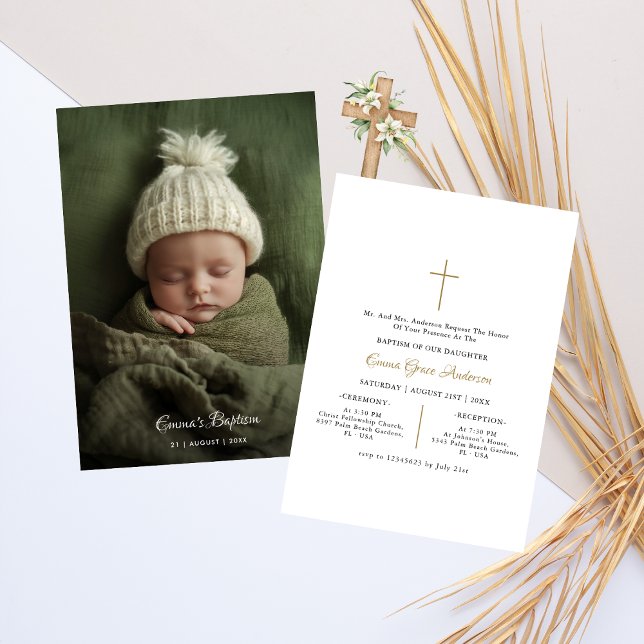Simple Script Infant Catholic Baptism Photo Gold Invitation (Creator Uploaded)
