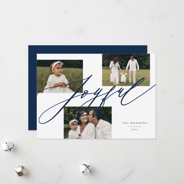 Simple Script Joyful Greeting Blue Photo Holiday Card (Front/Back In Situ)