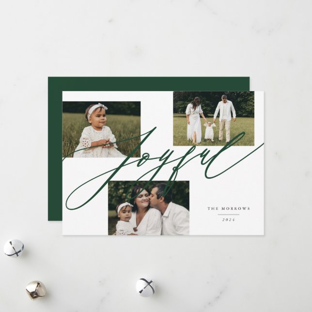Simple Script Joyful Greeting Green Photo Holiday Card (Front/Back In Situ)