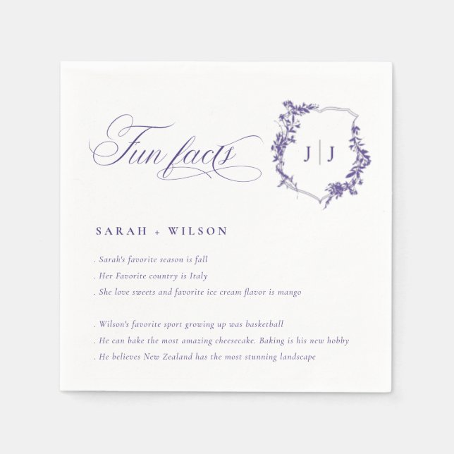 Simple Script Lilac Purple Wedding Logo Fun Facts Napkins (Front)