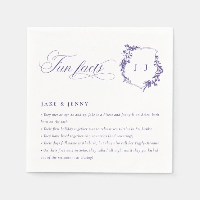 Simple Script Lilac Purple Wedding Logo Fun Facts Napkins (Front)