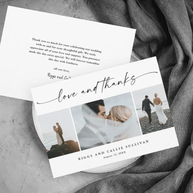 Simple Script Love and Thanks 3 Photo Wedding Thank You Card | Zazzle