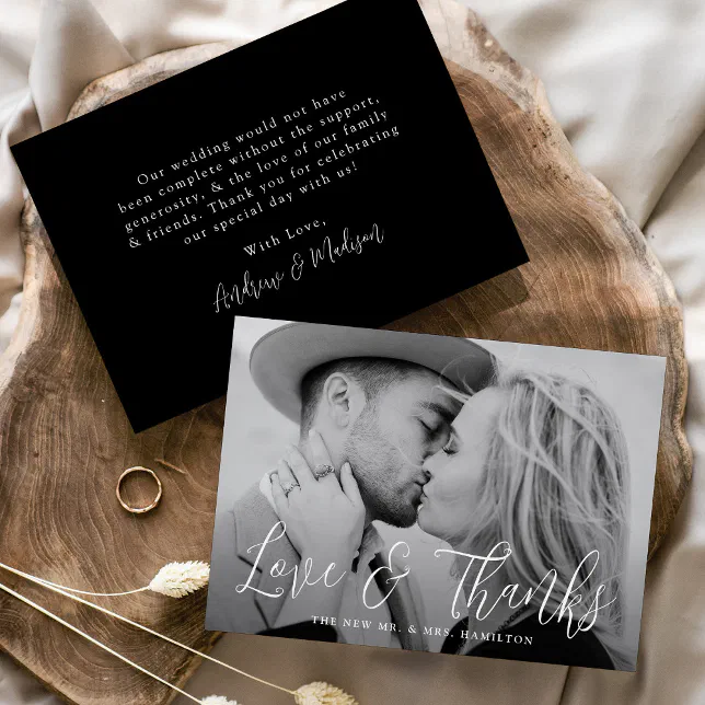 Simple Script Love and Thanks Photo Wedding Thank You Card | Zazzle