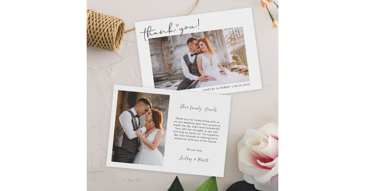 Simple Script Love Heart Classy Wedding Photo Thank You Card | Zazzle