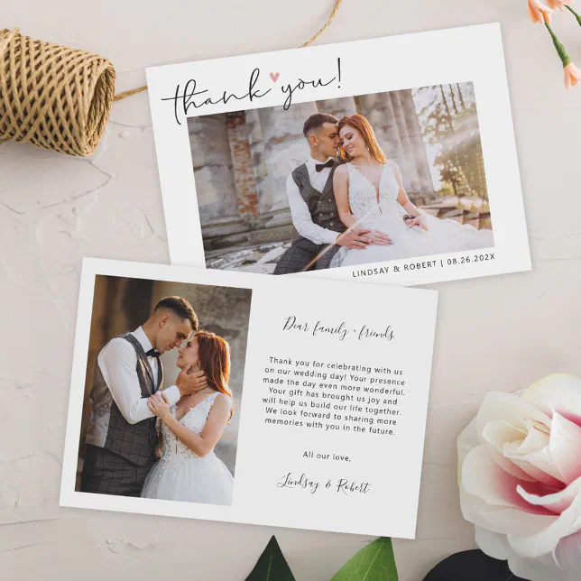 Simple Script Love Heart Classy Wedding Photo Thank You Card | Zazzle