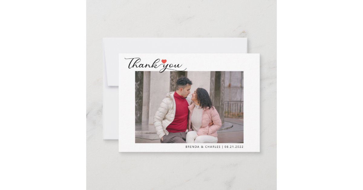 Simple Script Love Heart Classy Wedding Photo Thank You Card | Zazzle