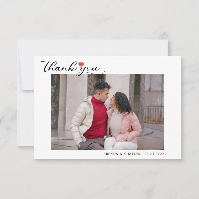 Simple Script Love Heart Classy Wedding Photo Thank You Card (Front)