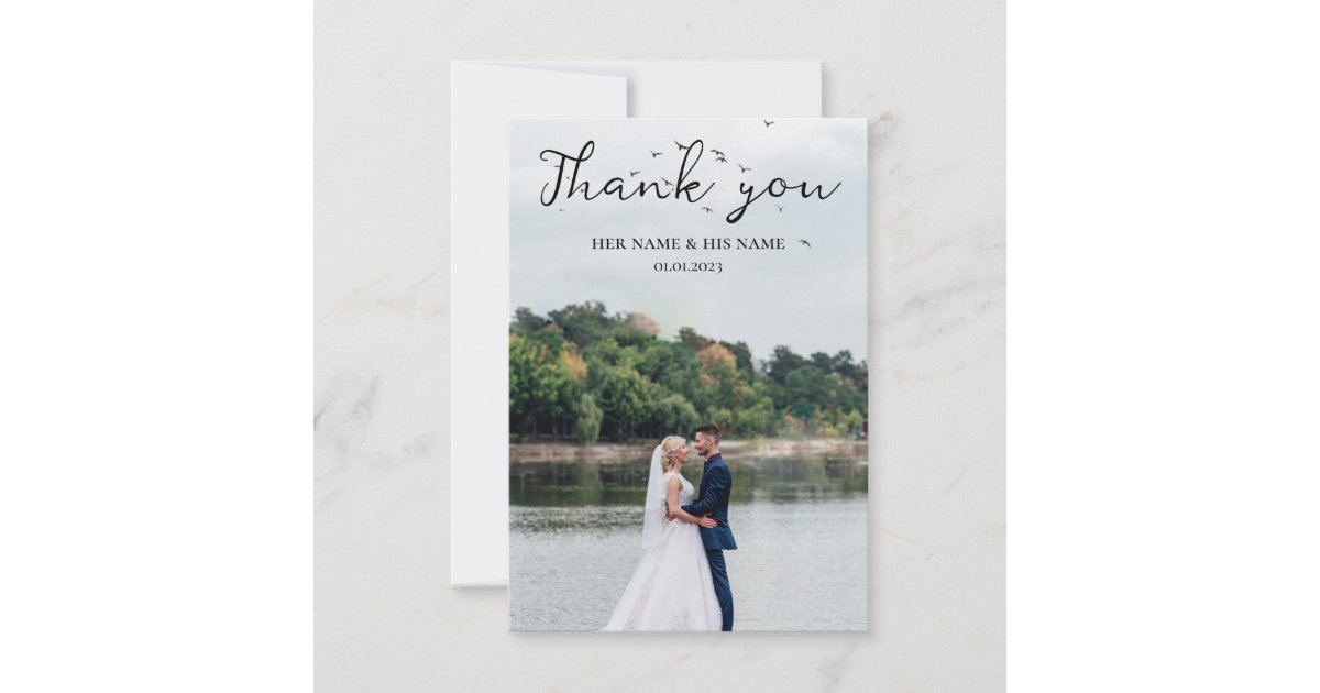 Simple Script Love Heart Classy Wedding Photo Thank You Card | Zazzle