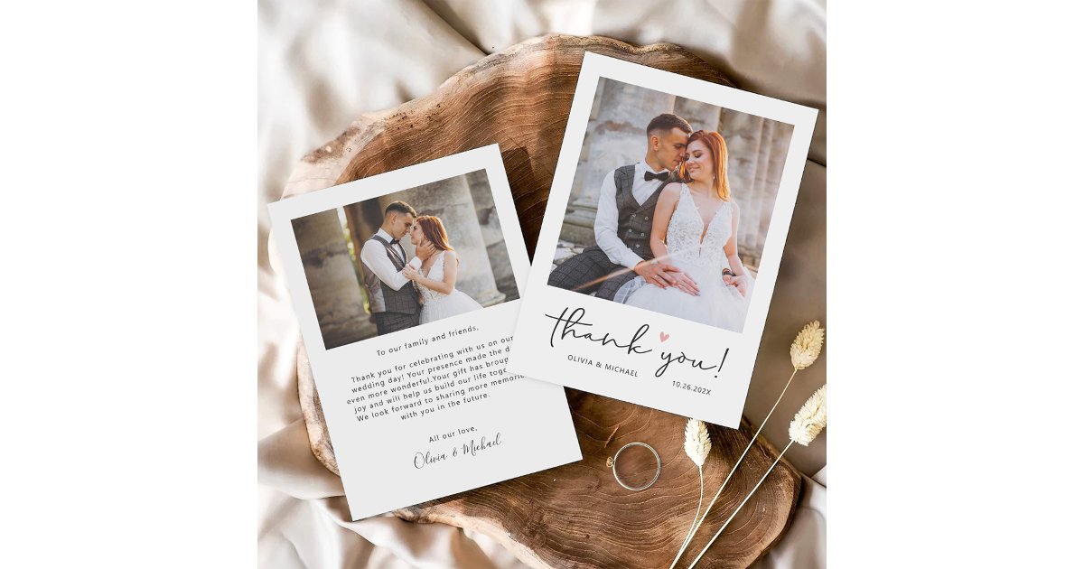 Simple Script Love Heart Minimalist Wedding Photo Thank You Card | Zazzle