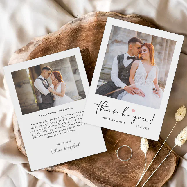 Simple Script Love Heart Minimalist Wedding Photo Thank You Card | Zazzle