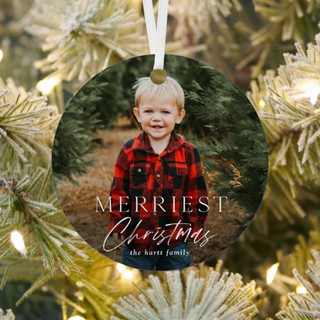 Simple Script Merriest Christmas Photo Holiday Metal Ornament (Insitu)