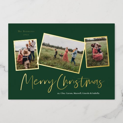 Simple Script Merry Christmas 3 Photo Collage Gold Foil Holiday Card