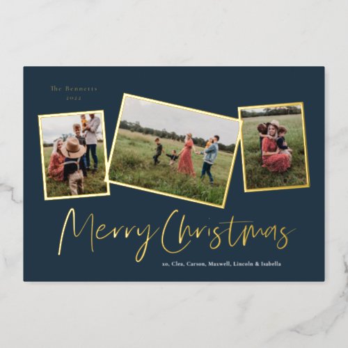 Simple Script Merry Christmas 3 Photo Collage Gold Foil Holiday Card