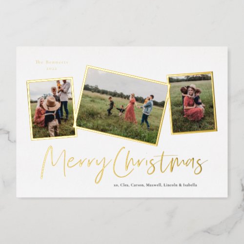 Simple Script Merry Christmas 3 Photo Collage Gold Foil Holiday Card