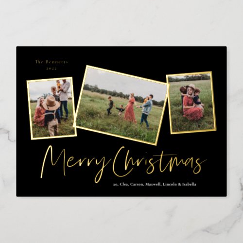 Simple Script Merry Christmas 3 Photo Collage Gold Foil Holiday Card