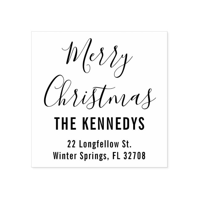Simple Script Merry Christmas Family Address Rubber Stamp (Imprint)