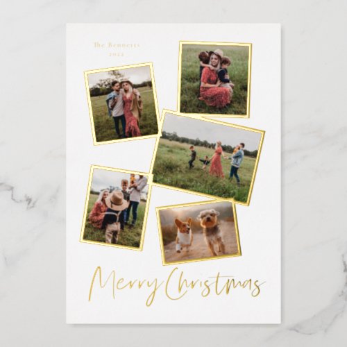 Simple Script Merry Christmas Photo Collage Gold Foil Holiday Card