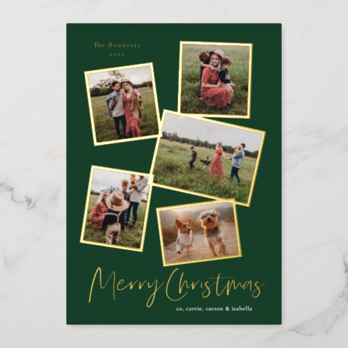 Simple Script Merry Christmas Photo Collage Gold Foil Holiday Card