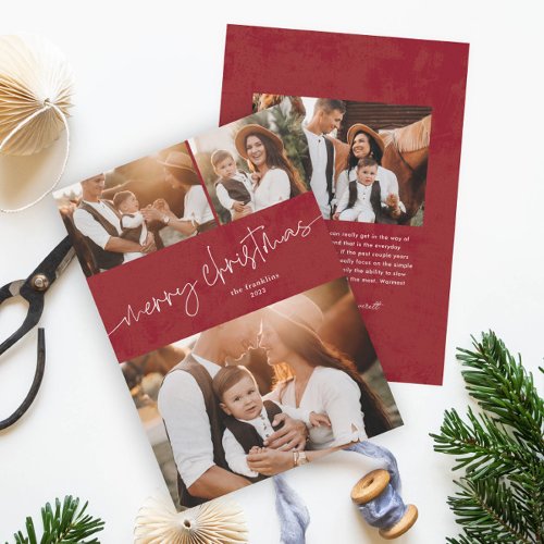 Simple script merry christmas photo collage holiday card