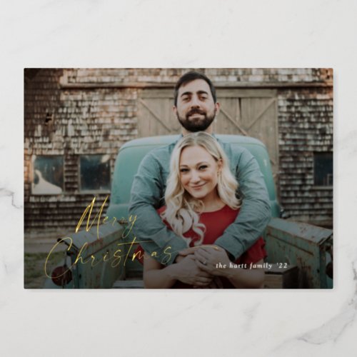 Simple Script Merry Christmas Photo Foil Holiday Card