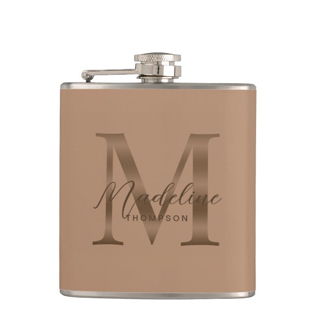 Simple Script Metallic Taupe Gold Monogram Flask (Front)