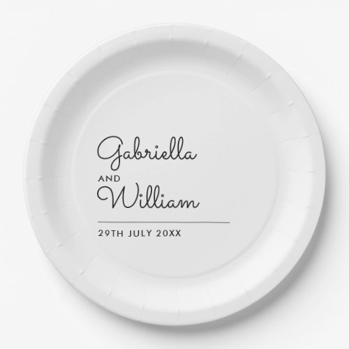 Simple Script Minimalist Black and White Wedding Paper Plates