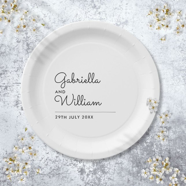 Simple Script Minimalist Black and White Wedding Paper Plates (Simple Script Minimalist Black and White Wedding Paper Plates)