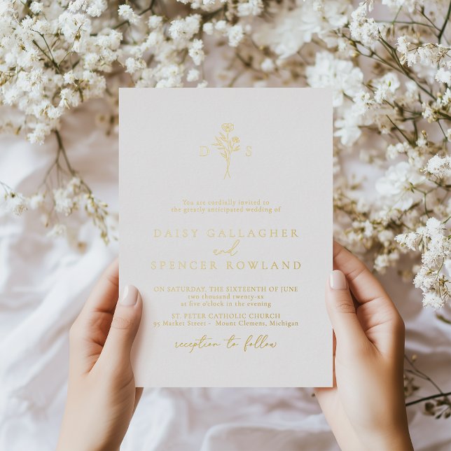 Simple Script & Minimalist Floral Monogram Wedding Foil Invitation (Creator Uploaded)